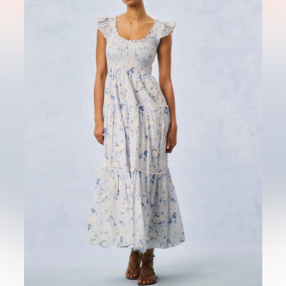 LoveShackFancy Blue and White Floral Maxi Dress